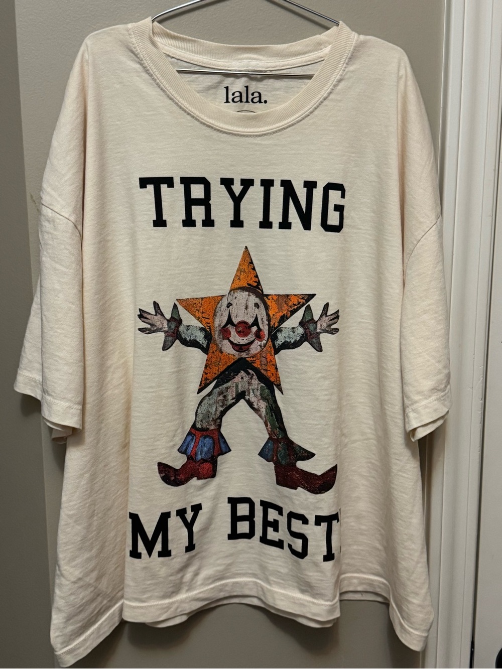 Dressed in LALA Cream Short Sleeve Tee with Graphic Star Clown *sold out* L/XL